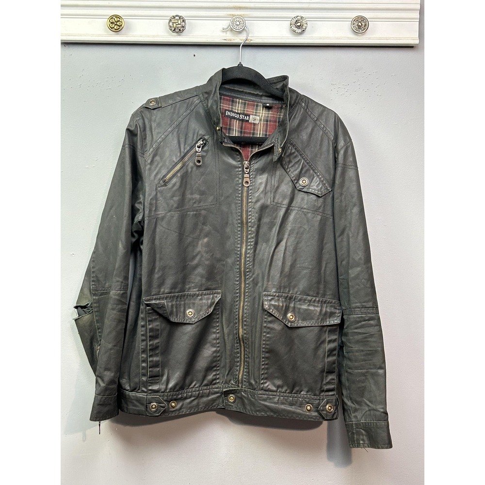 Indigo Star Moto Jacket Mens Medium Gray Coated Cotton Distressed Plaid Lined